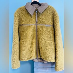 Men's Olive Green Sherpa Zip Jacket with Contrast Collar